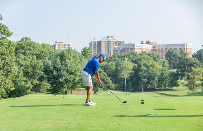 Participant gets ready to hit the ball. The tournament brought in more than $40,000 for AFCEA’s Educational Foundation programs.