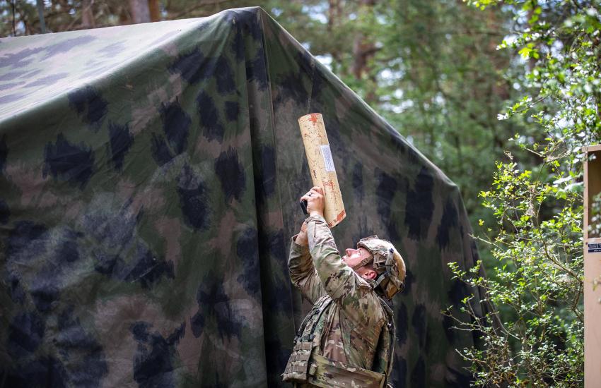 Spc. Micah Wilson, Joint Multinational Readiness Center. U.S. Soldiers react to a drone swarm attack during Exercise Combined Resolve 24-2 at the Joint Multinational Readiness Center near Hohenfels, Germany. Sgt. 1st Class Brandon Nelson, U.S. Army National Guard