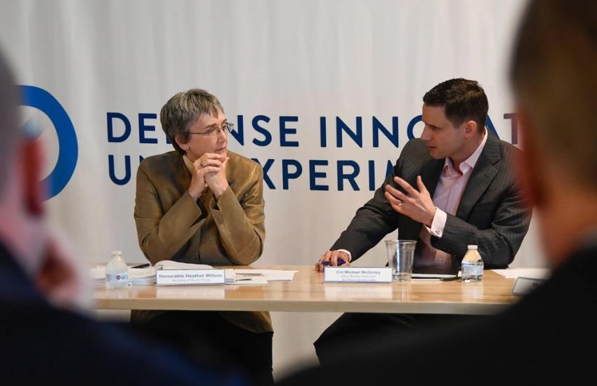 In 2018, then-Secretary of the Air Force Heather Wilson listens to Brig. Gen. McGinley, when he was a colonel and the Boston lead for the Defense Innovation Unit (DIU), during a presentation at the DIU. For the Agile Talent Ecosystem effort and the GigEagle platform to work and aid the nation’s and military’s race for talent under Great Power Competition, such platforms must be enterprise-wide across the Department of Defense.