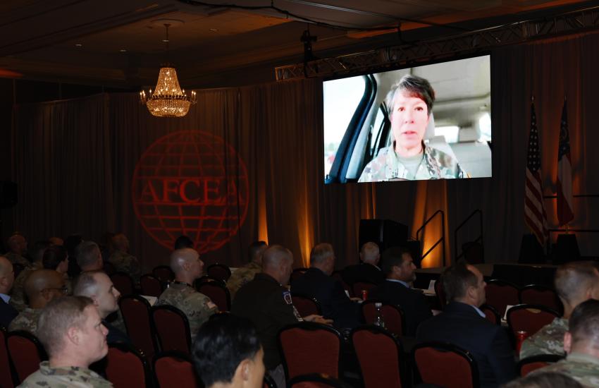 Lt. Gen. Maria Barrett's team created a deep fake avatar to warn attendees about the risks in information warfare. Credit: Michael Carpenter