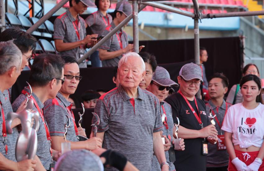 TSMC Founder Morris Chang (c) attends an event at the company after retirement in 2019.