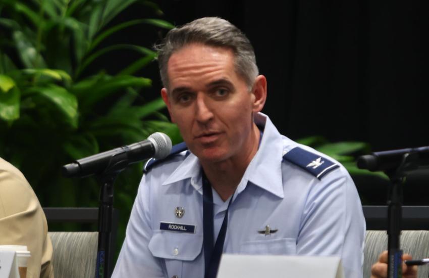 Col. Joshua Rockhill, commander, 688th cyberspace wing, participates in a TechNet Indo-Pacific panel. Credit: Tony Grillo