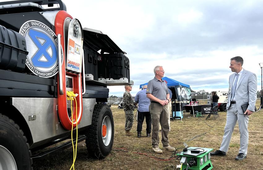 Energy technology companies bring an unmanned electric vehicle to Camp Pendleton for discussions with the Marines. Credit: Amy Forsythe, USMC PAO.