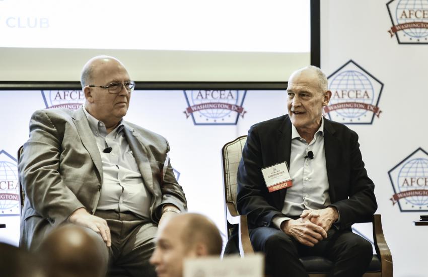 DISA's Roger Greenwell, director of Enterprise Integration and Innovation and the agency's CIO (l) and Christopher Argo, J-3/5/7 director, address industry attendees during an AFCEA DC Chapter luncheon on January 16, 2025, outlining challenge areas and how companies can help offer solutions. Photo by Ashley Marks, Exposurely Photography