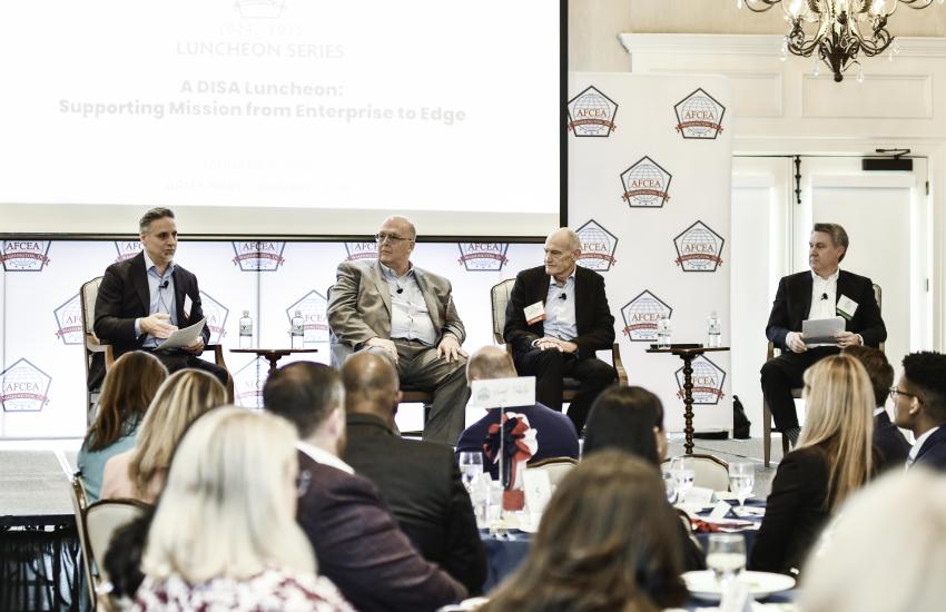 A panel of key directors from the Defense Information System Agency address industry attendees during an AFCEA DC Chapter luncheon on January 16, 2025, outlining challenge areas and how companies can help offer solutions. Photo by Ashley Marks, Exposurely Photography