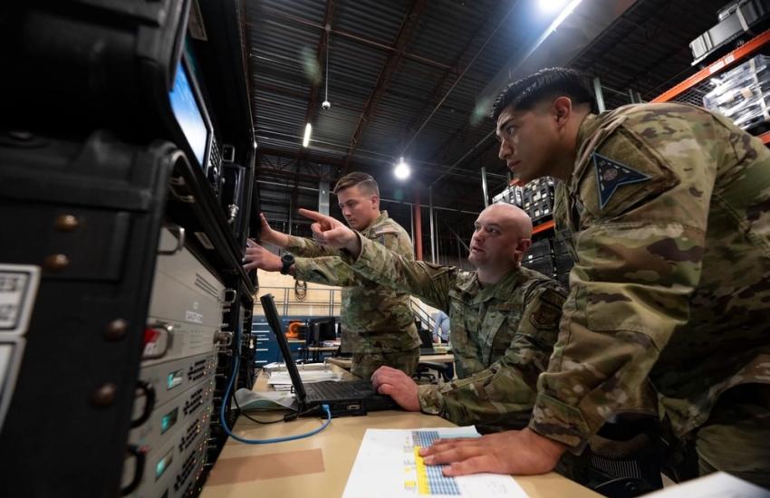Guardians and an airman manage the Space Force’s 25th Space Range Squadron’s closed loop range environment during an associated terminal test in Colorado Springs in April 2024. The service’s Operational Test and Training Infrastructure office has set an ambitious course to provide platforms for Guardians to be able to test, train and develop tactics in an operationally relevant environment. Credit: U.S. Air Force photo by Capt. Charles Rivezzo