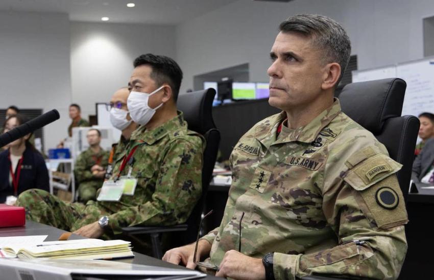 U.S. Army Lt. Gen. Matthew W. McFarlane, I Corps commanding general, and Japanese Lt. Gen. Toshikazu Yamane, Ground Component Command commanding general, receive a briefing as part of Yama Sakura 87 and Warfighter 25-2 at Camp Asaka, Japan, in December 2024. Credit: Sgt. Griffin Payne, 24th Theater Public Affairs Support Element