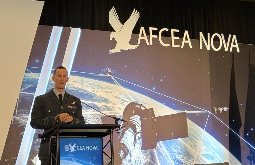 Royal Air Force Group Captain Johnny Farrow, OBE deputy director, Strategy, Futures, Partnerships and Requirements, S-5, Royal Air Force Exchange Officer to the U.S. Space Force, speaks at AFCEA NOVA’s Space Force IT Day, held in Chantilly, Virginia on May 1. As challenges with allies and partners, he identified data sharing, differing national priorities and risk acceptance, as challenges partners have to overcome when it comes to improving space-related collaboration. Credit: Kimberly Underwood