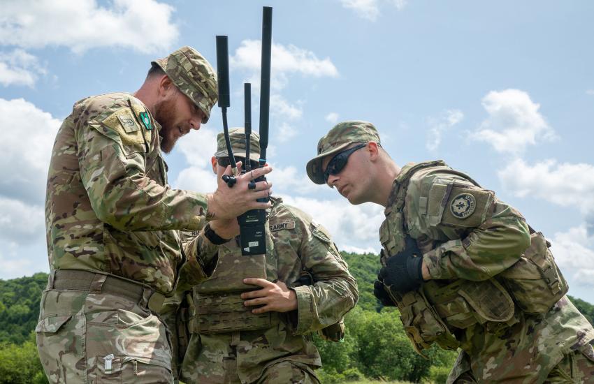 U.S. Army soldiers observe a radio frequency detector used by the British Army during Project Flytrap at Joint Multinational Readiness Center, Hohenfels training area, Hohenfels, Germany, in June. Among other priorities, Army modernization efforts include the network, cyber, signal and electronic warfare capabilities. U.S. Army photo by Pfc. Brent Lee