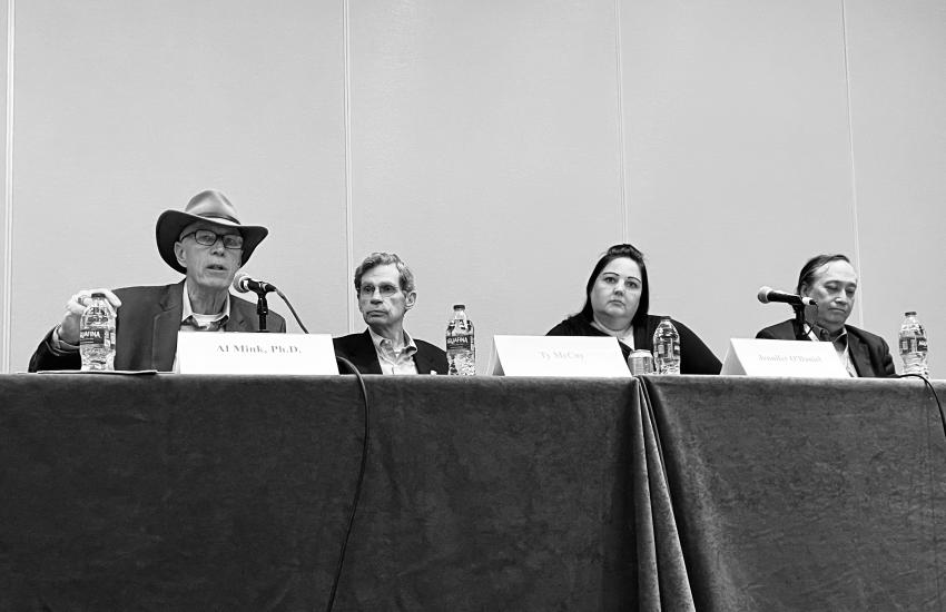 Venture Capital judges present tips to conference attendees at TechNet Emergence 2025. From l to r, Al Mink, managing partner, Systems Spirit; Ty McCoy, chairman and co-founder at IronGate Capital Advisors; Jennifer O’Daniel, senior director, Virginia Venture Partners; Tom Perkins, operating partner, Blu Venture Investors.