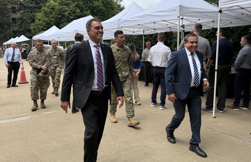 The new Undersecretary of Defense for Research and Engineering (USD (R&E)) Emil Michael (l) walks with Alexander Lovett (r), Col. Matthew Limeberry (c) and other officials during Drone Day at the Pentagon on July 16. USD(R&E) will continue to advance unmanned aerial systems through its so-called T-REX program.