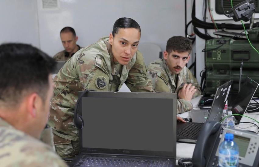 The U.S. Space Force is working to advance ground movement target indicators (GMTI), and in the future, the air version, AMTI, groundbreaking moving target capabilities for the joint force. U.S. Army Sgt. 1st Class Maria Devers (c), assigned to Headquarters Battalion, 4th Infantry Division, and U.S. Army Spc. Jaeger Falco, assigned to the Utah National Guard’s 4th Infantry Division Main Command Post Operational Detachment, both GMTI operators, coordinate a simulated ground attack during a multidomain and mu