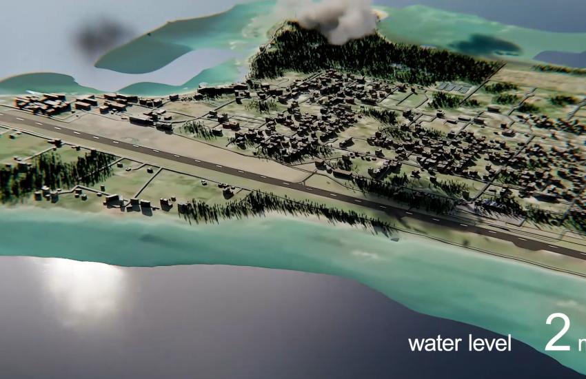A flood simulation showcases the predictive natural disaster images for Tonga. Image by SpaceData Inc. 
