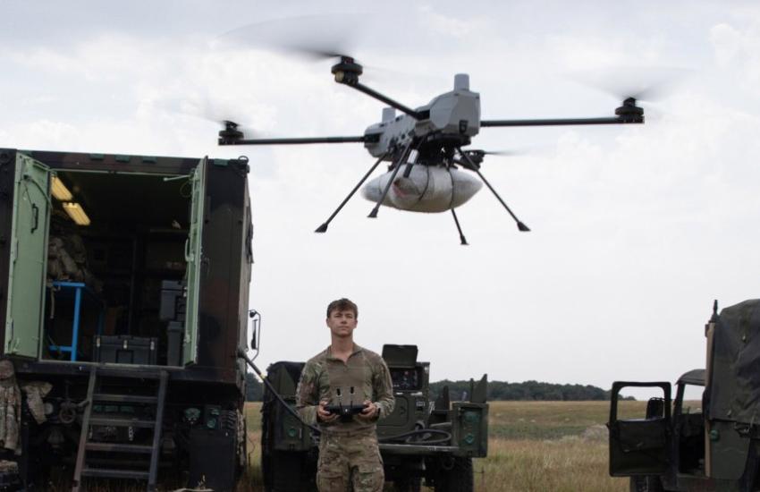 U.S. Army Spc. Max Boatner operates the PDW C100 drone during a field demonstration at Norio Training Area, Georgia, as part of Agile Spirit 25. Boatner, assigned to Hawkeye Platoon, Headquarters and Headquarters Troop, 1st Squadron, 91st Cavalry Regiment, 173rd Airborne Brigade, manually controls the drone to execute an aerial delivery mission using a 3D-printed payload attachment. Credit: U.S. Army National Guard photo by Sgt. 1st Class Brittany Conley