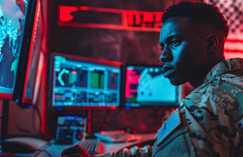 A cyber soldier monitors the digital frontlines. Credit: 0Riya-stock.adobe.com generated with AI