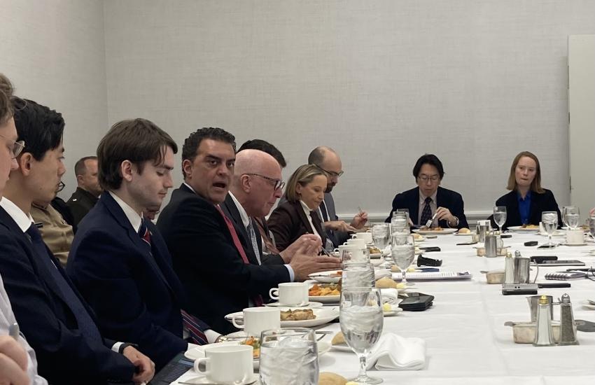 Emil Michael, Under Secretary of War for Research and Engineering and Department of War Chief Technology Officer, speaks at a December 2025 Defense Writers Group luncheon in Washington, D.C. 