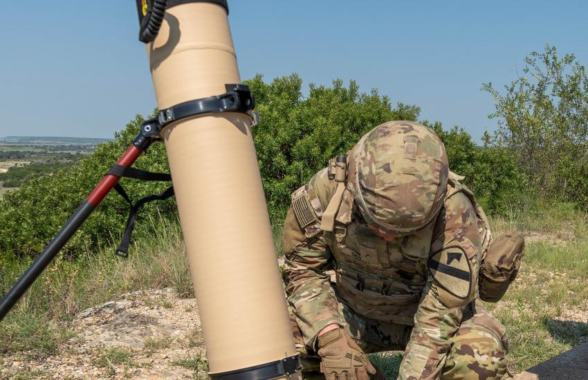 A First Team Trooper sets up the Switchblade firing mechanism during the live-fire exercise in September 2025. Credit: U.S. Army photo by Spc. Julian A. Winston 
