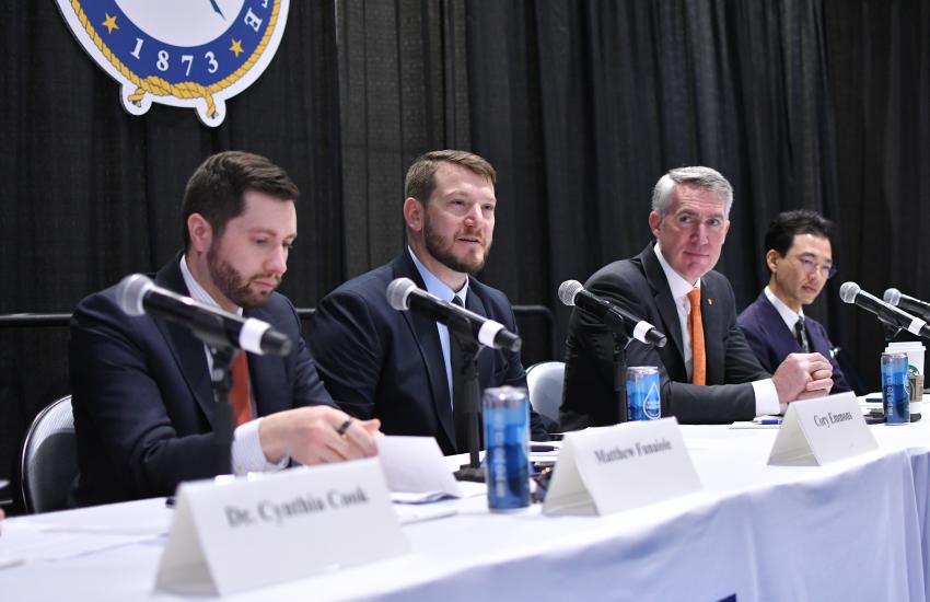 Cory Emmons, general manager of Maritime Surfaces Programs at Anduril Industries, speaks at West 2026 held in San Diego. Credit: Karras Photography