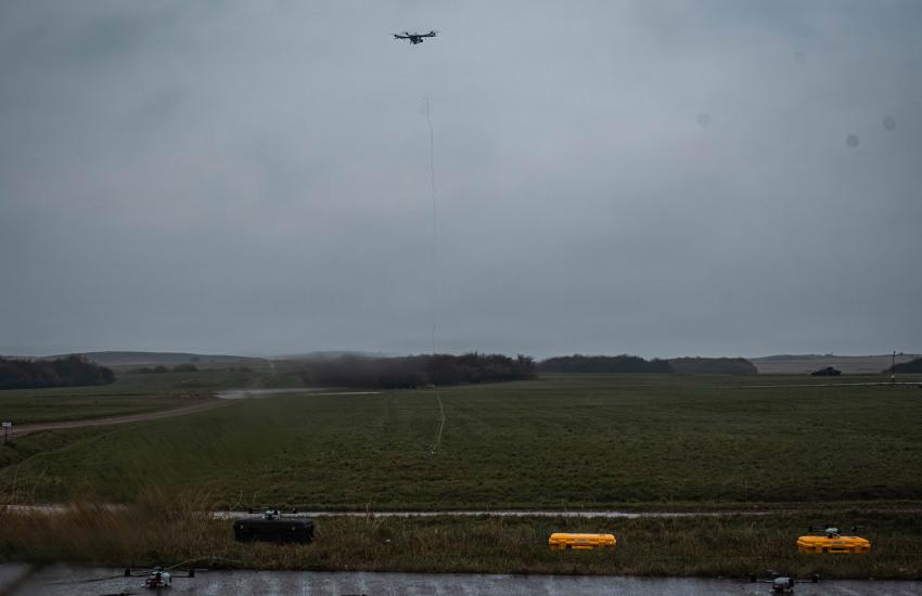 U.S. Army photo shows a counter-unmanned aircraft system drone interceptor capturing a drone during Project Flytrap 4.5 in November 2025, at the Truppenübungsplatz Putlos, Germany. U.S. Army photo by Staff Sgt. Yesenia Cadavid