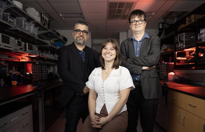 Jose Rodríguez-Romaguera, Ellora McTaggart, and Nicolas Pégard co-founded a startup company called Carolina Instruments to produce eye-tracking smart glasses that could improve mental health research. Credit: Alyssa LaFaro/UNC Research