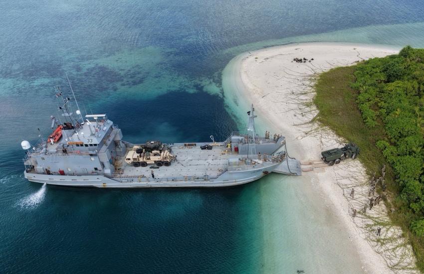 Soldiers from the 5th Battalion, 3rd Field Artillery Regiment, 7th Infantry Division (Multi-Domain Command-Pacific) conduct landing operations from a runnymede-class large landing craft during Exercise Balikatan 2026, at Balabac Island, Palawan, May 3, 2026. Credit: U.S. Army photo by Staff Sgt. Brandon Rickert