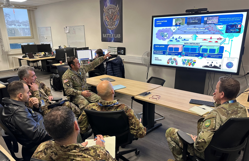 Col. Arnel David briefs officials on Task Force Maven’s data-centric architecture and AI-enabled capabilities. Credit: NATO