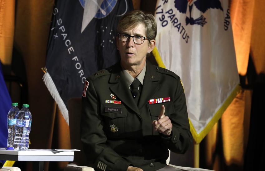 “If we can get a digital twin of the DOWIN-A, that now enables us to be able to leverage AI in that model to understand our vulnerabilities," says the Commanding General of the U.S. Army Network Enterprise Technology Command (NETCOM), Maj. Gen. Jacqueline D. (Denise) McPhail, USA. Credit: Hillary Kay Studios