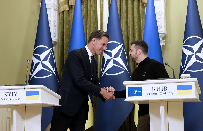 NATO Secretary General Mark Rutte meets with Ukrainian President Volodymyr Zelenskyy during a NATO event. Credit: Photo courtesy of NATO
