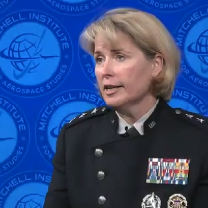 Lt. Gen. Deanna Burt, USSF, deputy chief of Space Operations for Operations, Cyber and Nuclear. speaks during an August 4 Schriever Space Series event.