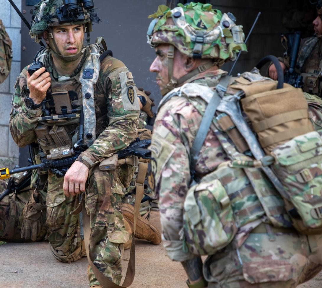 Soldiers assigned to 2nd Battalion, 35th Infantry Regiment, 3rd Infantry Brigade Combat Team, 25th Infantry Division assault their final objective while conducting offensive operations during Exercise Bronco Rumble at Kahuku Training Area, Hawaii, in August 2021. Waveforms are the critical link in all operational exercises. U.S. Army photo by Staff Sgt. Alan Brutus