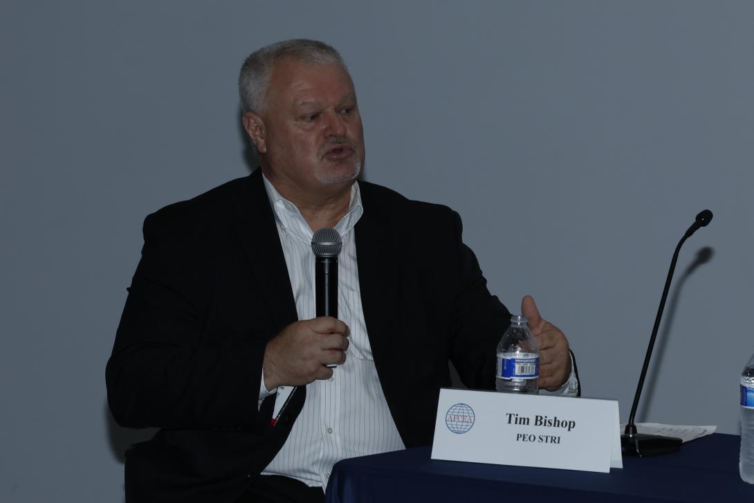 Timothy “Tim” Bishop, deputy Program Executive Officer-Simulation, Training, and Instrumentation, speaks at TechNet Augusta 2022. Credit: Michael Carpenter