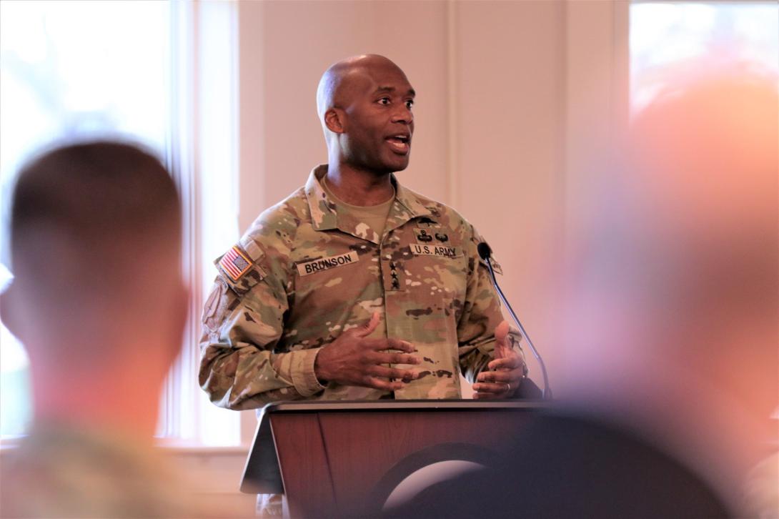 Lt. Gen. Xavier Brunson, USA, commanding general of I Corps, delivers commentary at the 2022 Civilian Hall of Fame ceremony at Joint Base Lewis-McChord. Credit: Spc. Richard Carlisi, I Corps Public Affairs