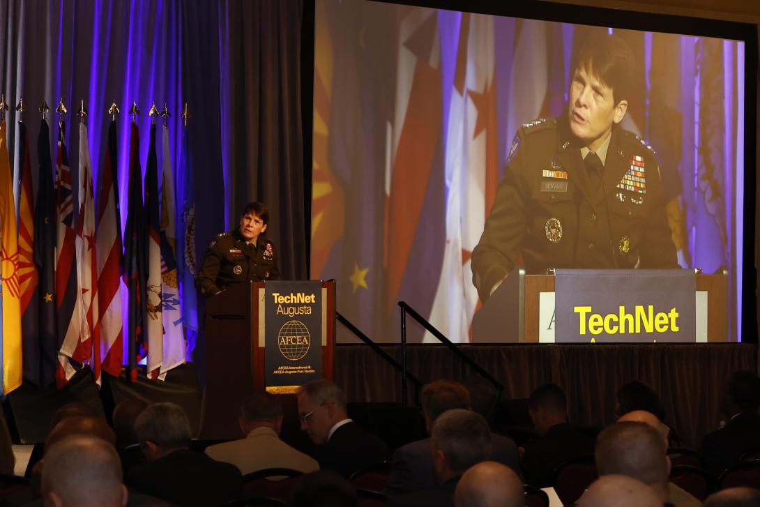 Lt. Gen. Maria Gervais, USA, deputy commanding general and chief of staff of the U.S. Army Training and Doctrine Command, presents on the first day of TechNet Augusta 2022 in Augusta, Georgia.