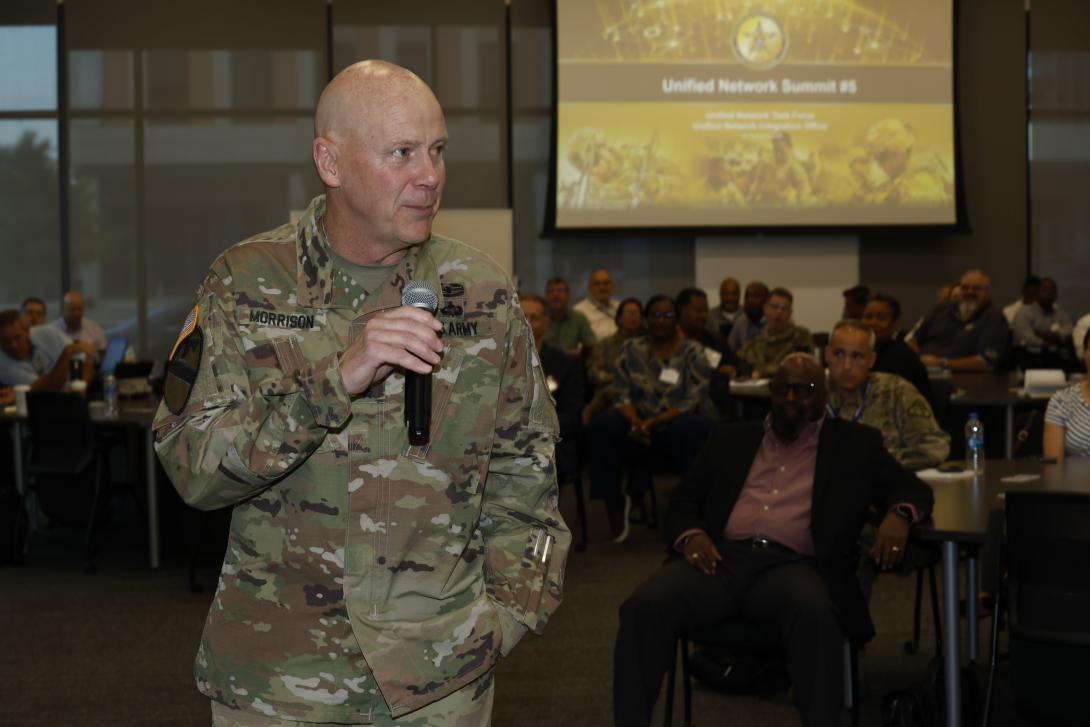 “We need to think like an operator,” Lt. Gen. John Morrison, G-6 and deputy chief of staff, U.S. Army, told Signal soldiers, speaking at the TechNet Augusta conference. Signaleers need to understand threat-informed intelligence. “As we bring our core communications competencies, we have to do it in operational terms that a maneuver commander can understand.” Credit: Michael Carpenter