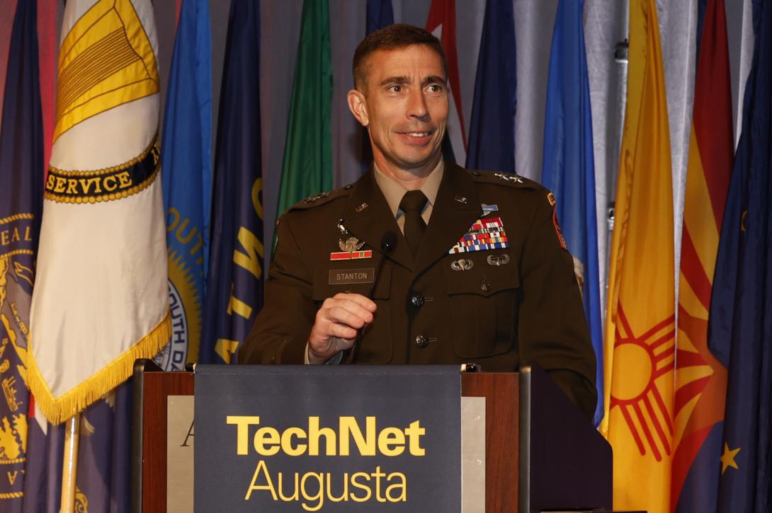 Maj. Gen. Paul Stanton, USA, commanding general, U.S. Army Cyber Center of Excellence and commanding general, Fort Gordon, addresses the audience at TechNet Augusta. Credit: Michael Carpenter