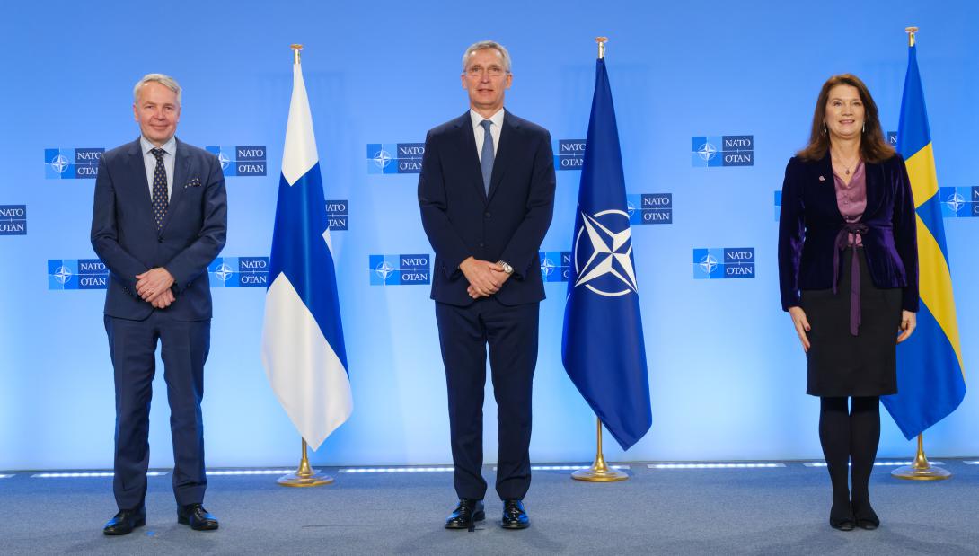 NATO Secretary General Jens Stoltenberg with the Minister for Foreign Affairs of Finland, Pekka Haavisto and the Minister for Foreign Affairs of Sweden, Ann Linde. Photo Credit: NATO