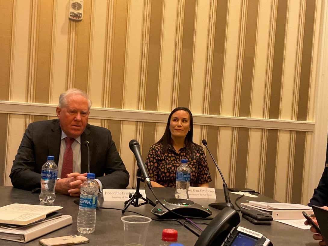 Secretary of the Air Force, Frank Kendall, speaks with media representatives, along with the service's Under Secretary, Gina Ortiz Jones, on September 19.