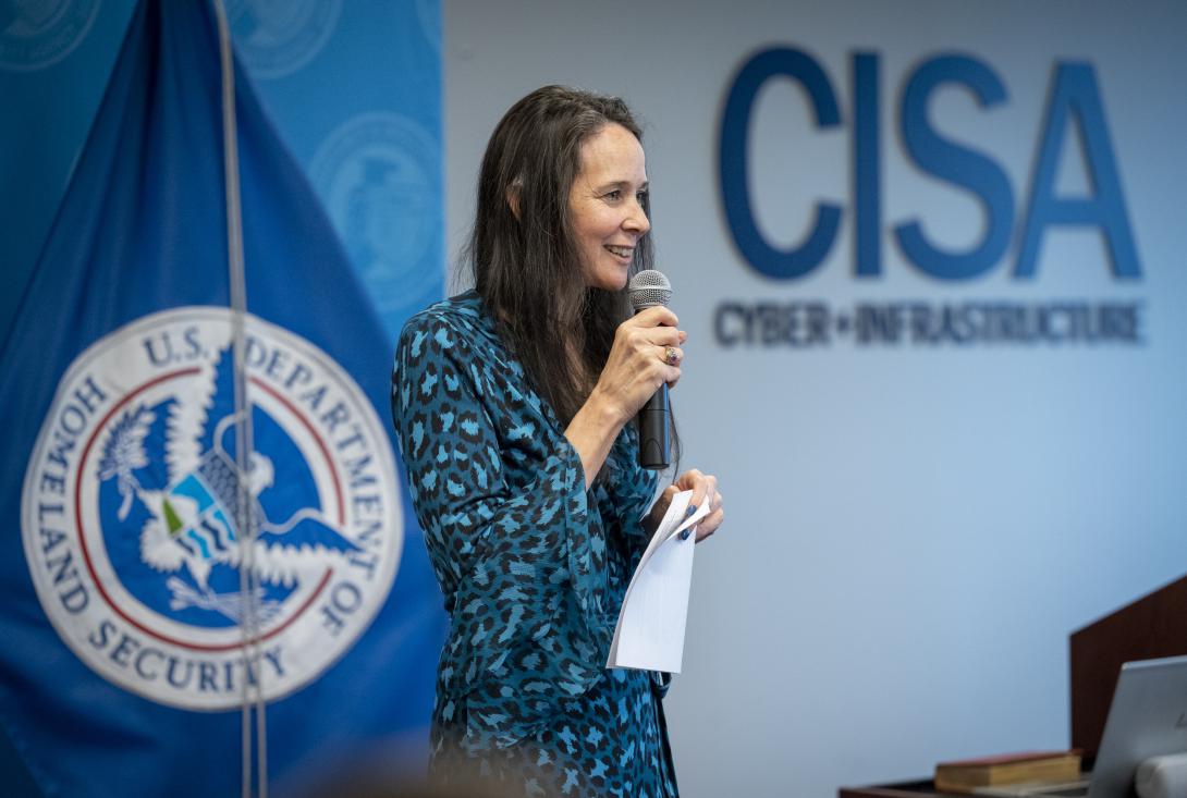 Cybersecurity and Infrastructure Security Agency (CISA) director Jen Easterly speaks at CISA Headquarters in Arlington, VA in August 2021 when she took over as leader of the agency. CISA is moving into the examination of school cyber and physical safety, through a new summit in November. Credit: CISA Photo by Benjamin Applebaum