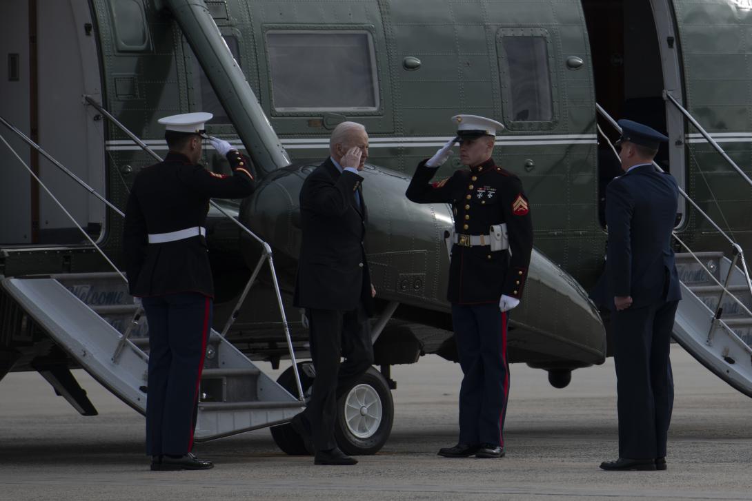 U.S. President Joe Biden disembarks Marine One prior to a trip to Europe in March 2022. Photo by Staff Sgt. Jason Huddleston, U.S. Air Force.