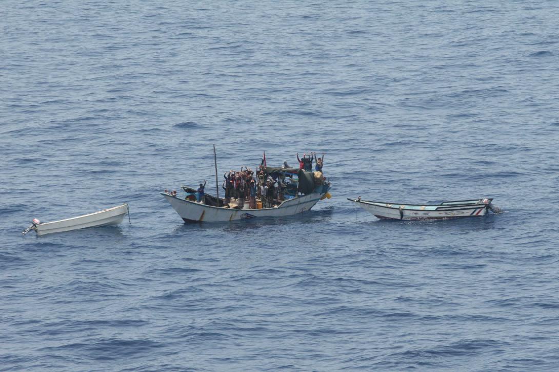 A British military support ship thwarted a pirate attack on a merchant vessel in the Gulf of Aden recovering hostages and arresting Somali pirates in this 2009 action. Courtesy Photo, U.S. Naval Forces Central Command, U.S. 5th Fleet.