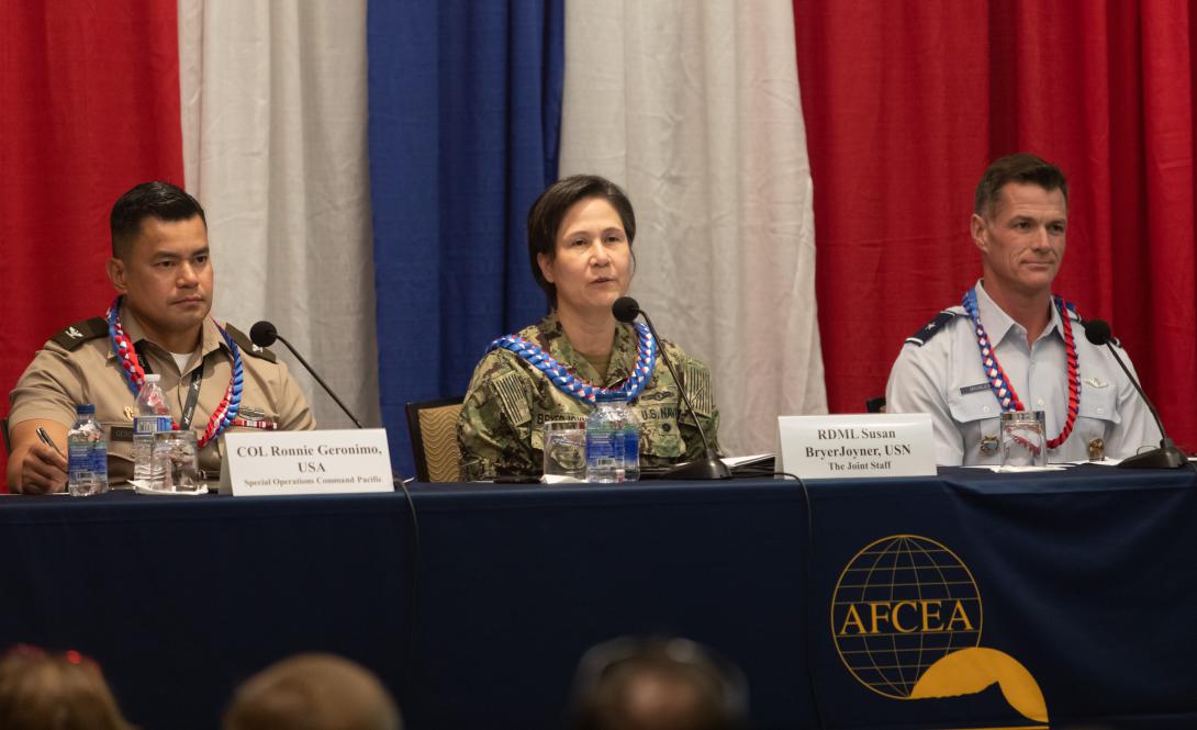 Rear Adm. Susan BryerJoyner, USN, deputy director, Command, Control, Communications and Computer/Cyber Systems, participates in a panel at TechNet Indo-Pacific. Credit: Tony Grillo