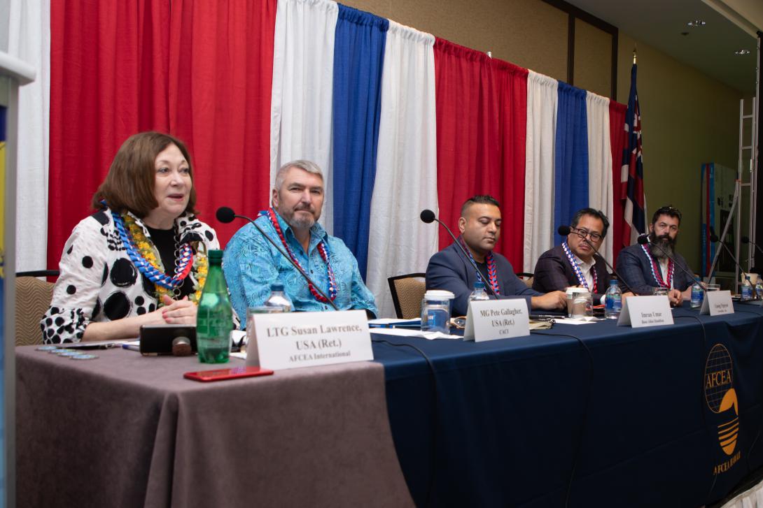 Lt. Gen. Susan S. Lawrence, USA (Ret.), president and CEO of AFCEA International, moderates a panel discussing zero trust at TechNet Indo-Pacific. Credit: Tony Grillo