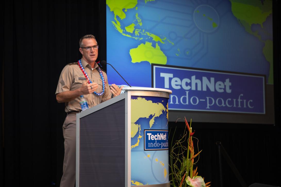 Maj. Gen. Joshua M. Rudd, USA, Chief of Staff, U.S. Indo-Pacific Command, speaks at AFCEA's TechNet Indo-Pacific conference on November 1. Photo by Tony Grillo