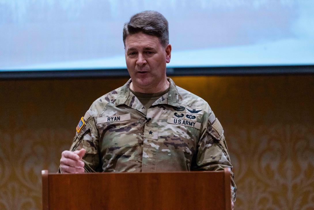 Brigadier General Philip Ryan speaks at TechNet Fort Bragg 2023. Photo by Chris Levi.
