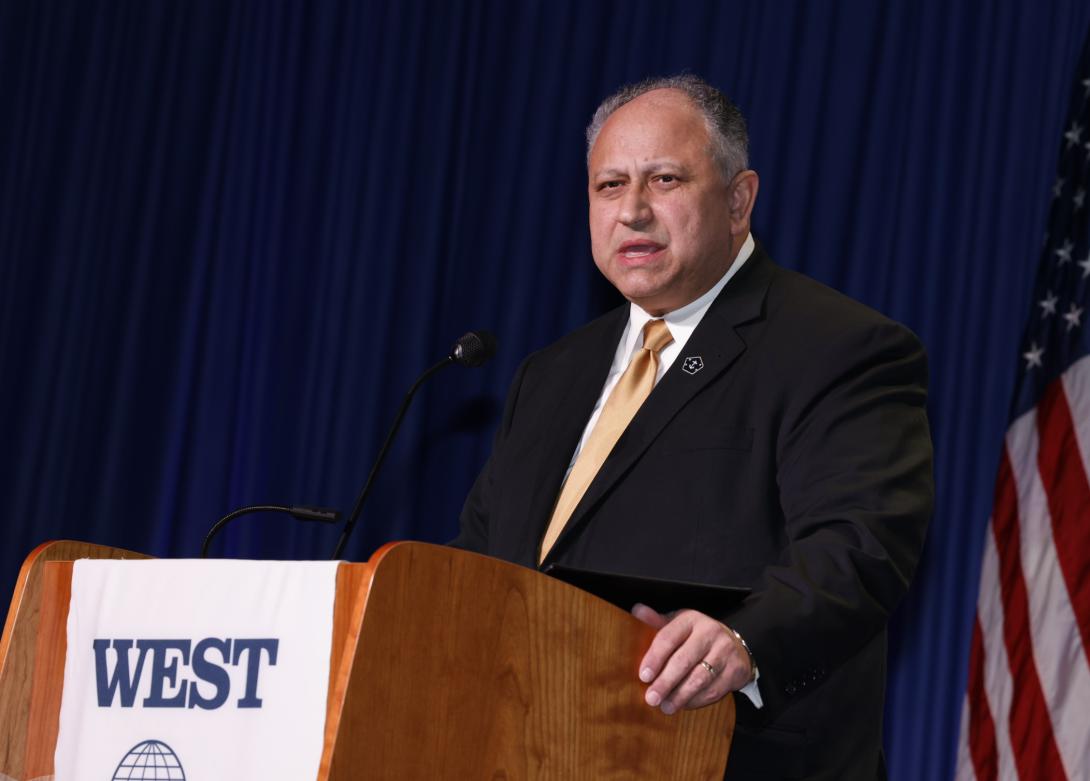 Secretary of the Navy Carlos Del Toro addresses the audience at WEST 2023 in San Diego. Credit: Michael Carpenter