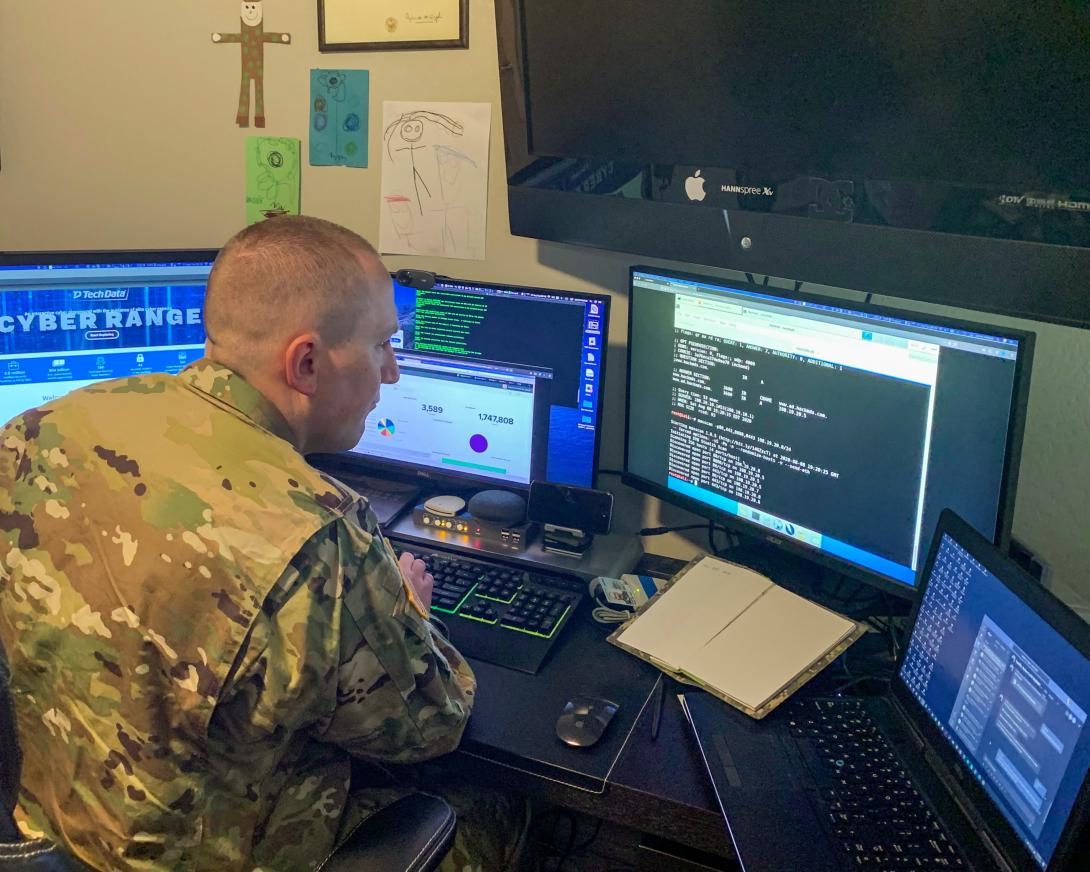 U.S. Army Reserve Maj. Jared Hrabak, a cyber officer with Cyber Protection Team 185 uses a common network scanning tool to enumerate a network. during his unit’s Virtual Battle Assembly Aug. 9, 2020. Although technology companies are laying off thousands of workers, the U.S. Army still seeks tech-savvy personnel.