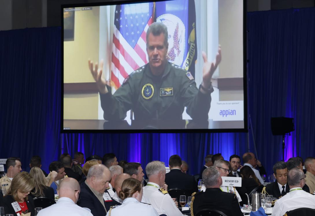 Adm. Sam Paparo, commander of the U.S. Pacific Fleet, speaks to the audience at WEST 2023 via videoconference. Credit: Michael Carpenter