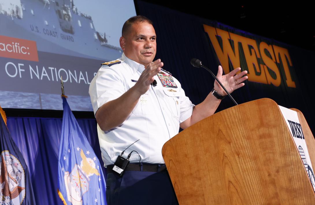 Vice Adm. Andrew Tiongson, USCG, commander, Pacific Area and Defense Force West, addresses the audience at WEST 2023. Credit: Michael Carpenter