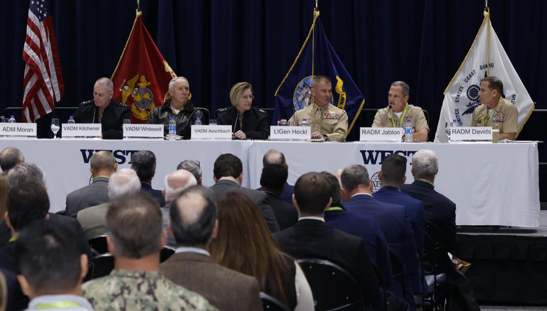 Senior Navy and Marine Corps leaders discuss the development of future capabilities forces in the Pacific during a panel at WEST 2023. Credit: Michael Carpenter