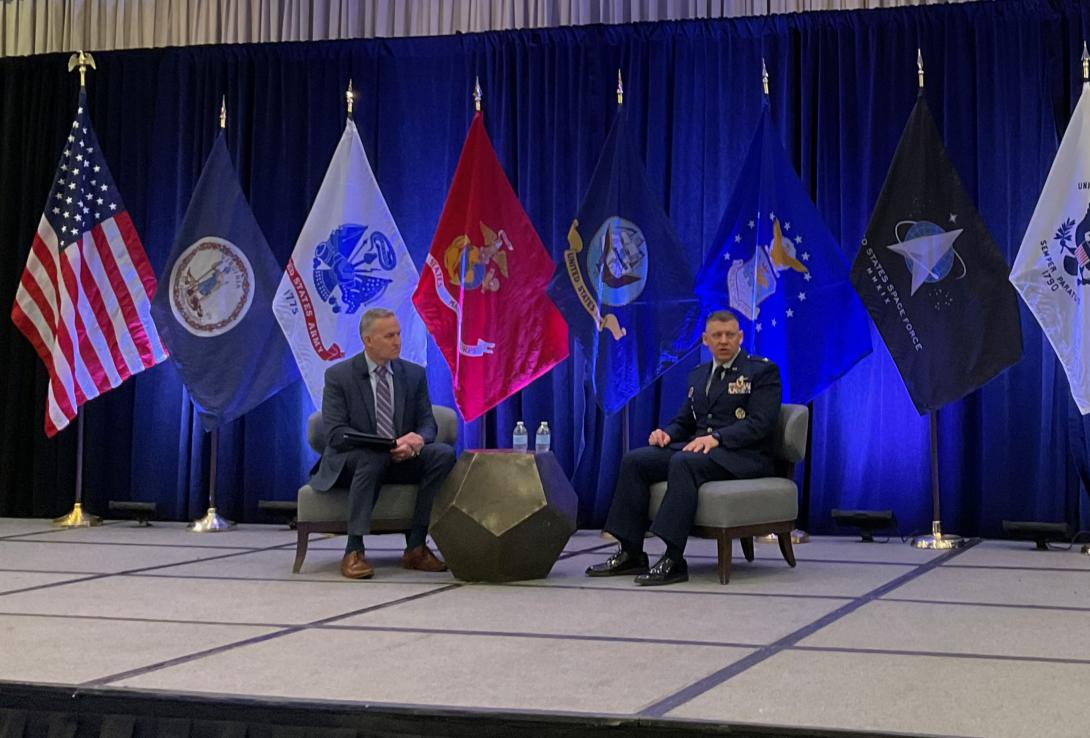 U.S. Space Force Col. Joseph Wingo (r) and Col. Joseph Wingo, USSF, chief, Cyber and Spectrum Operations, along with moderator Mike Monson, president, Definitive Logic, present at the AFCEA NOVA Chapter’s Space Force Industry Information Technology Day on March 22.